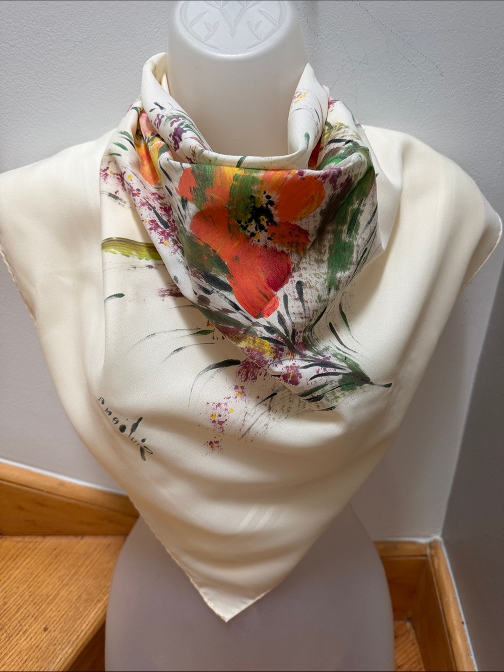 Vintage Giuliana Signed Hand-Painted Style Floral Silk Scarf